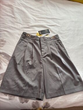High-Waist Gray Tailored Women's Shorts with Gold Accent.